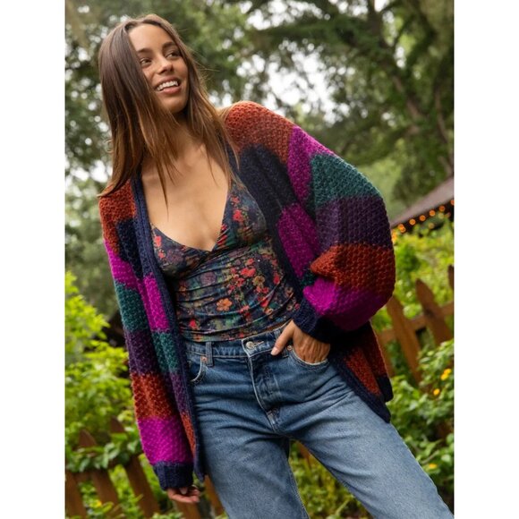 Natural Life Oversized Striped Open Knit Chunky Cardigan Multicolor Boho Preppy - Picture 3 of 9